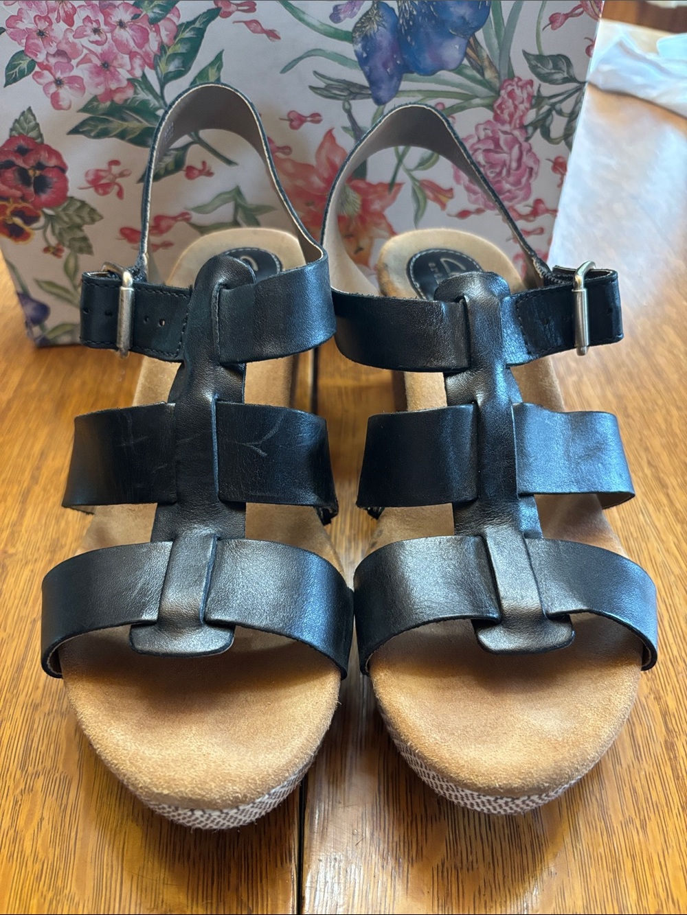 Clarks Black Leather Strappy Wedge Sandals - Picture 2 of 6